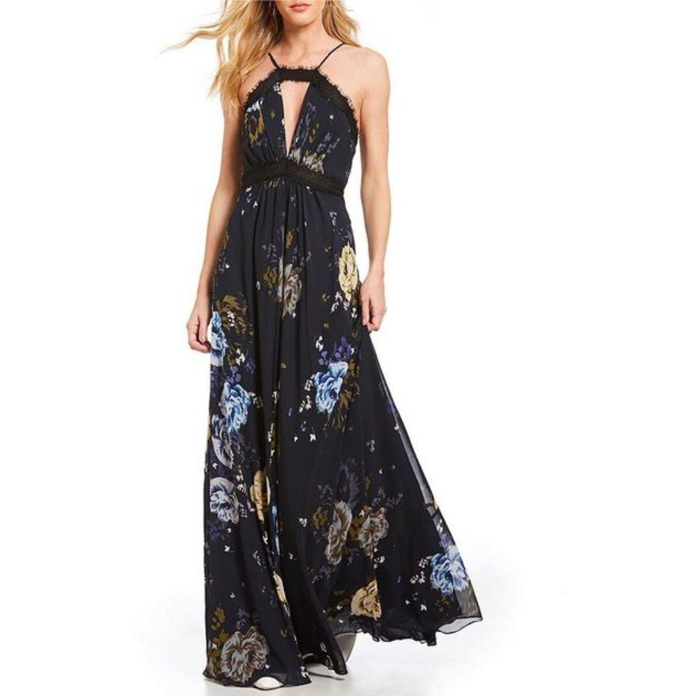 Jill Stuart Floral Print Empire Waist Lace Cutout Long Gown